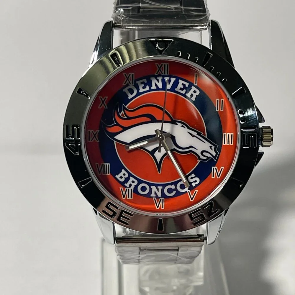 DENVER BRONCOS NFL Team Logo Men's Stainless-Steel Silver Watch NEW